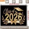 2D Class of 2026 Graduation Photography Backdrop Black Gold Cap, Diploma and Laurel Party Background