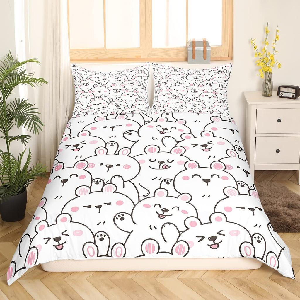 Rabbit Print Kids Girls King Queen Duvet Cover Cartoon Pink Little Bunny Comforter Cover Animal Floral Polyester Bedding Set