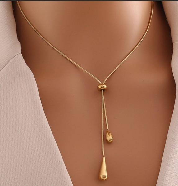 French Minimalist Teardrop Y Drop Necklace for Women Vintage Gold Plated Slide Adjustable Snake Chain Party Jewelry Gift
