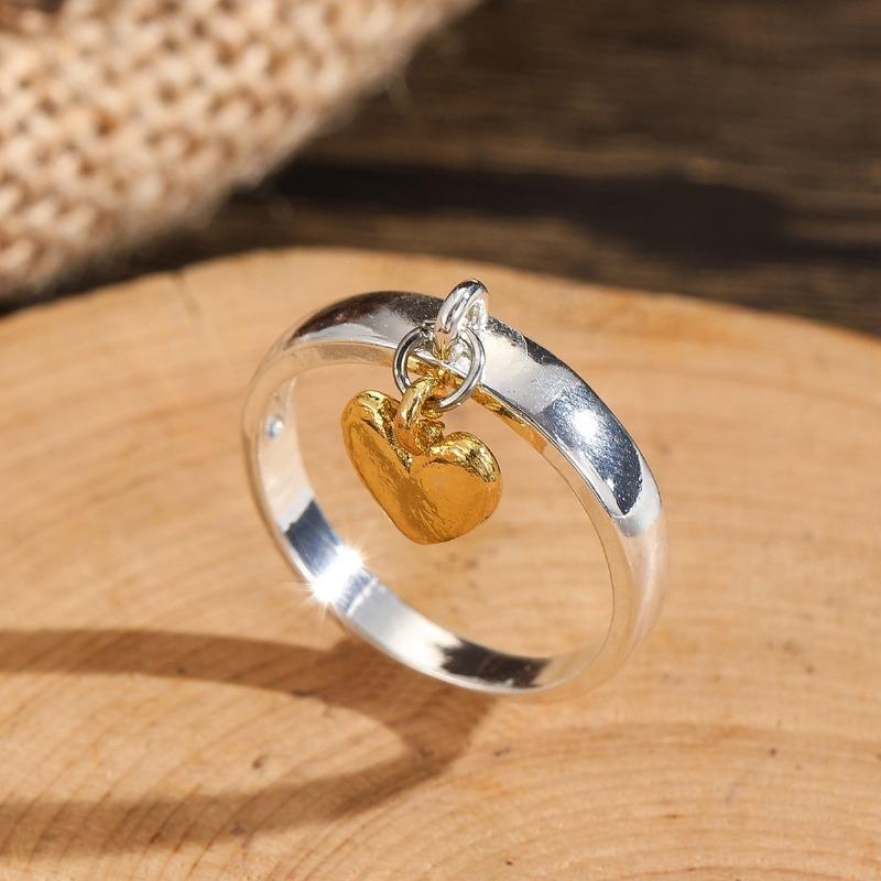 Vintage Silver Color Rings for Women Trendy Inlaid with Gold Heart Round Personalized Creativity Party Rings Jewelry