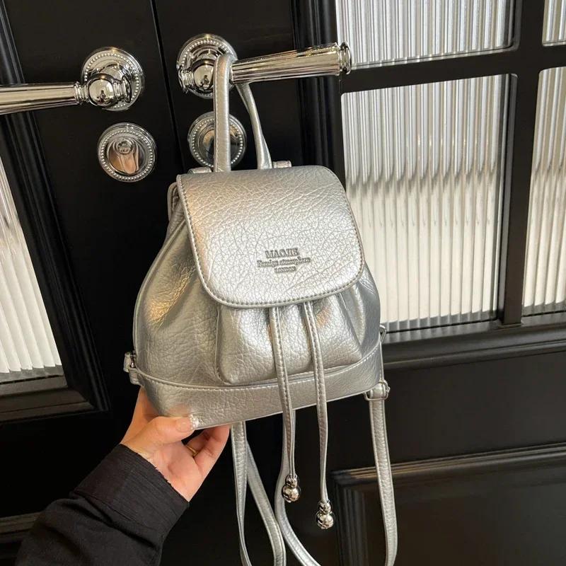 Large Capacity Solid PU Small Rope Backpacks for Women  Versatile Casual High-Quality School Backpacks  Fresh and Beautiful Fashion