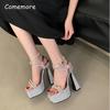 15CM Silver Platform Sandals Crystal Ankle Straps Square Toe Fashion Ladies Dress Shoes Chunky High Heel Women's Sandals Size 34