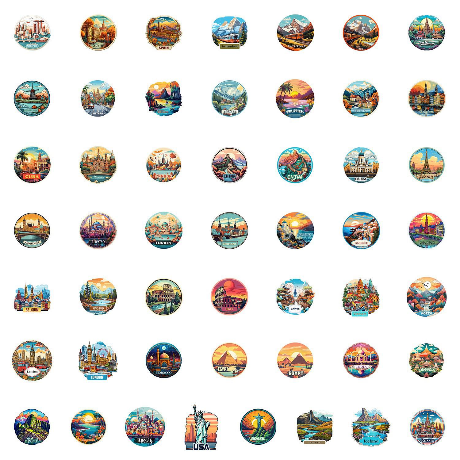 50 Landmark Building Graffiti Stickers – Waterproof, Decorative Travel Scenery Stickers