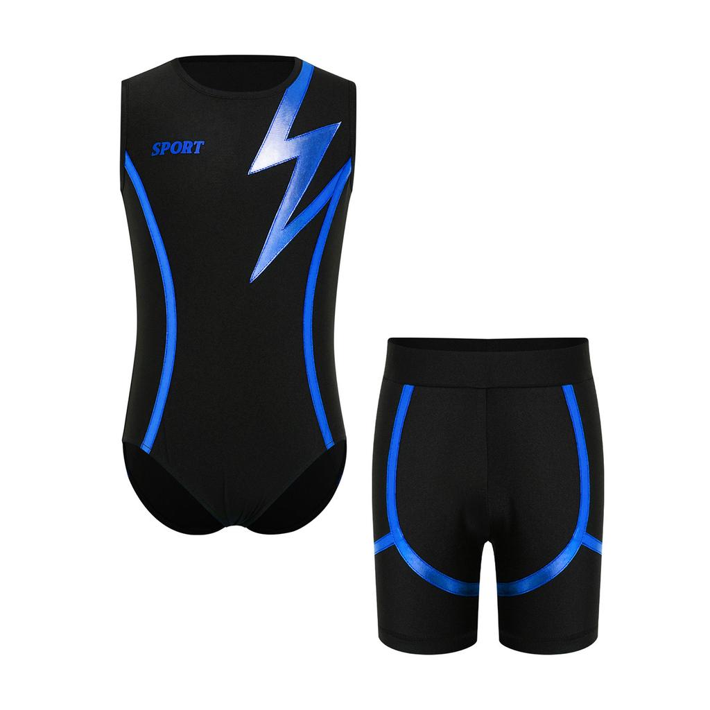 Boys Shiny Contrast Leotard Sleeveless Press Button Crotch Shorts Gymnastics Outfit