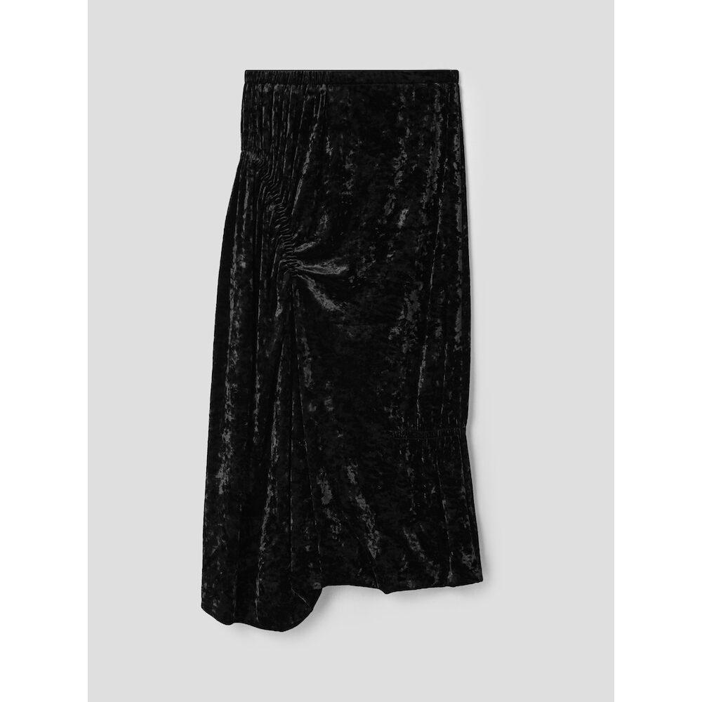 Anggae Asymmetric Washed Velvet Shirring Skirt Black
