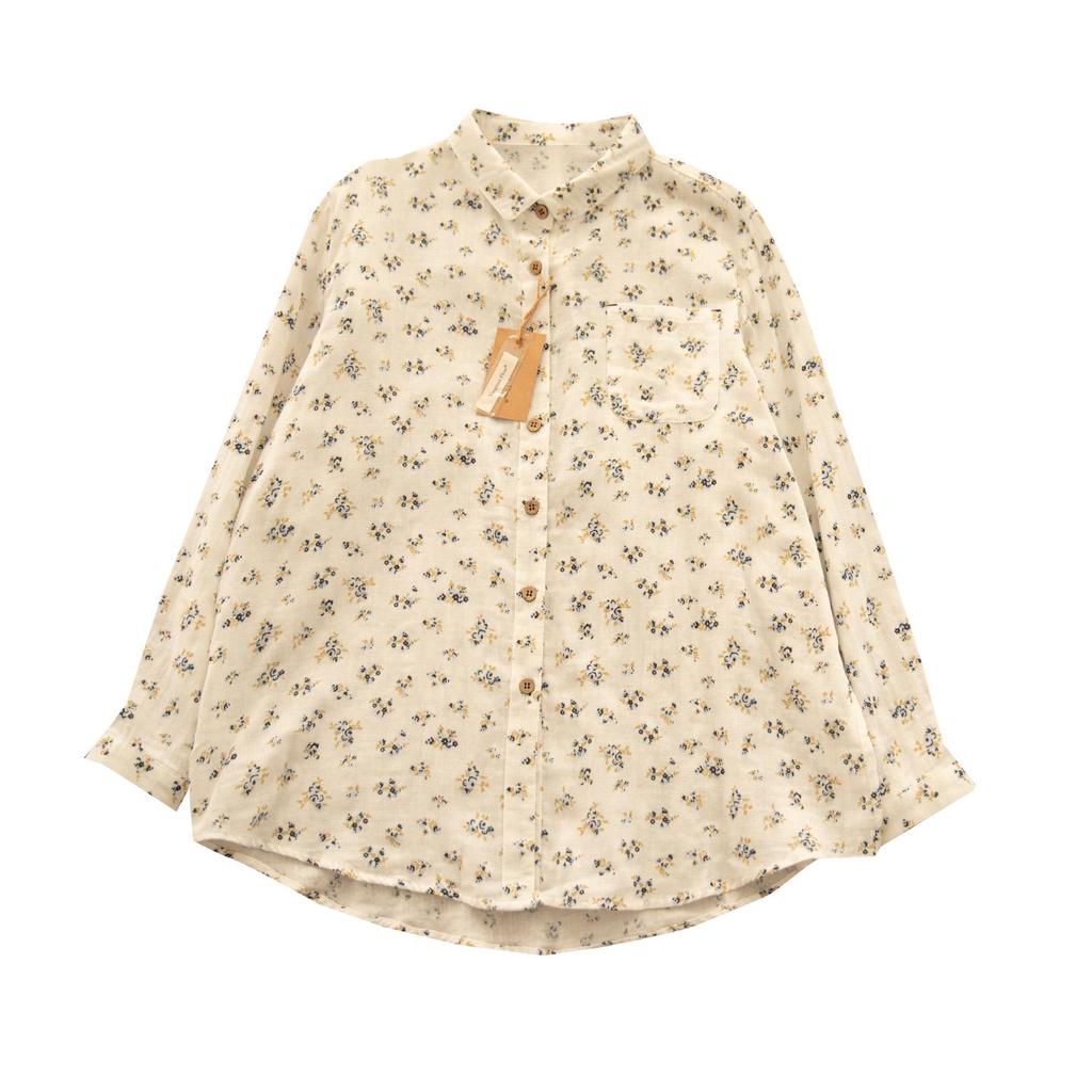 Spring Yuanbao Collar Floral Print Double Layer Gauze Cotton Shirt - Women's Loose Cotton Linen Style