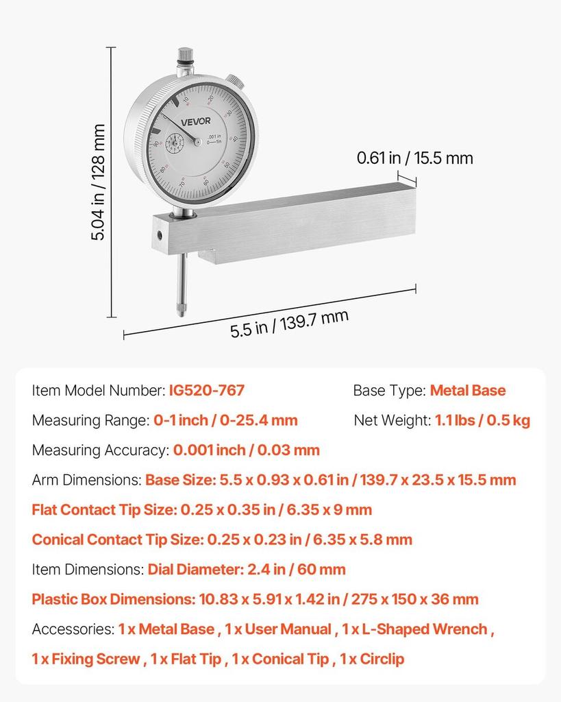 Dial Test Indicator with Metal Base, 0.03 Mm Accuracy, 0-25.4mm Range, Easy To Read Large Dial, Professional for Narrow Area Measurement, Industrial