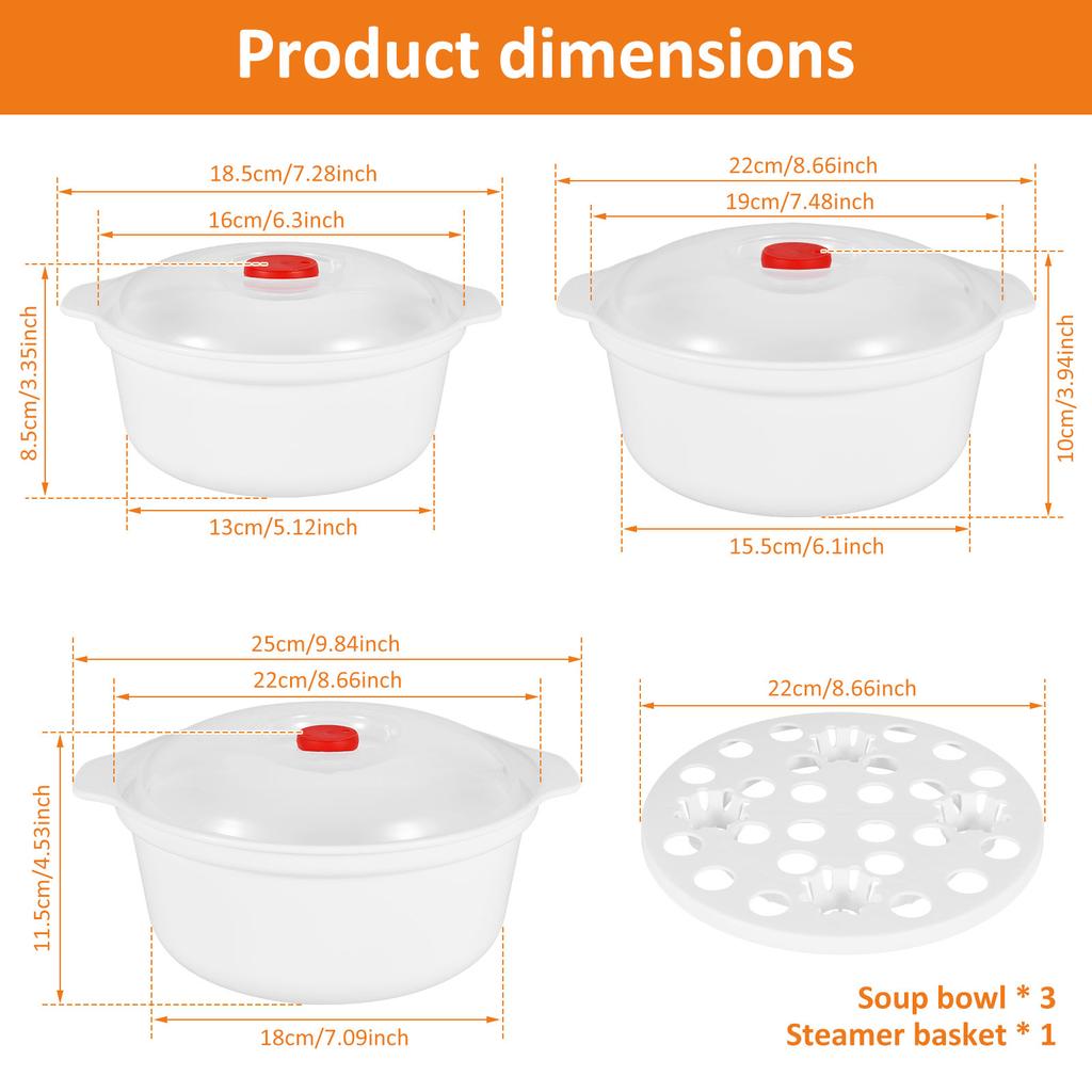 3 Pcs Microwave Bowl with Lid and Steam Rack Microwave Special Soup Bowl Plastic Microwaves Food Bowls for Kitchen Accessories