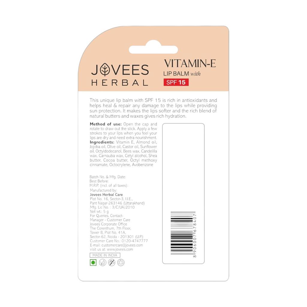 Jovees Vitamin E Lip Balm SPF 15 for Soft Smooth Hydrated Lips 5g Pack of 1 Natural Nourishing Care
