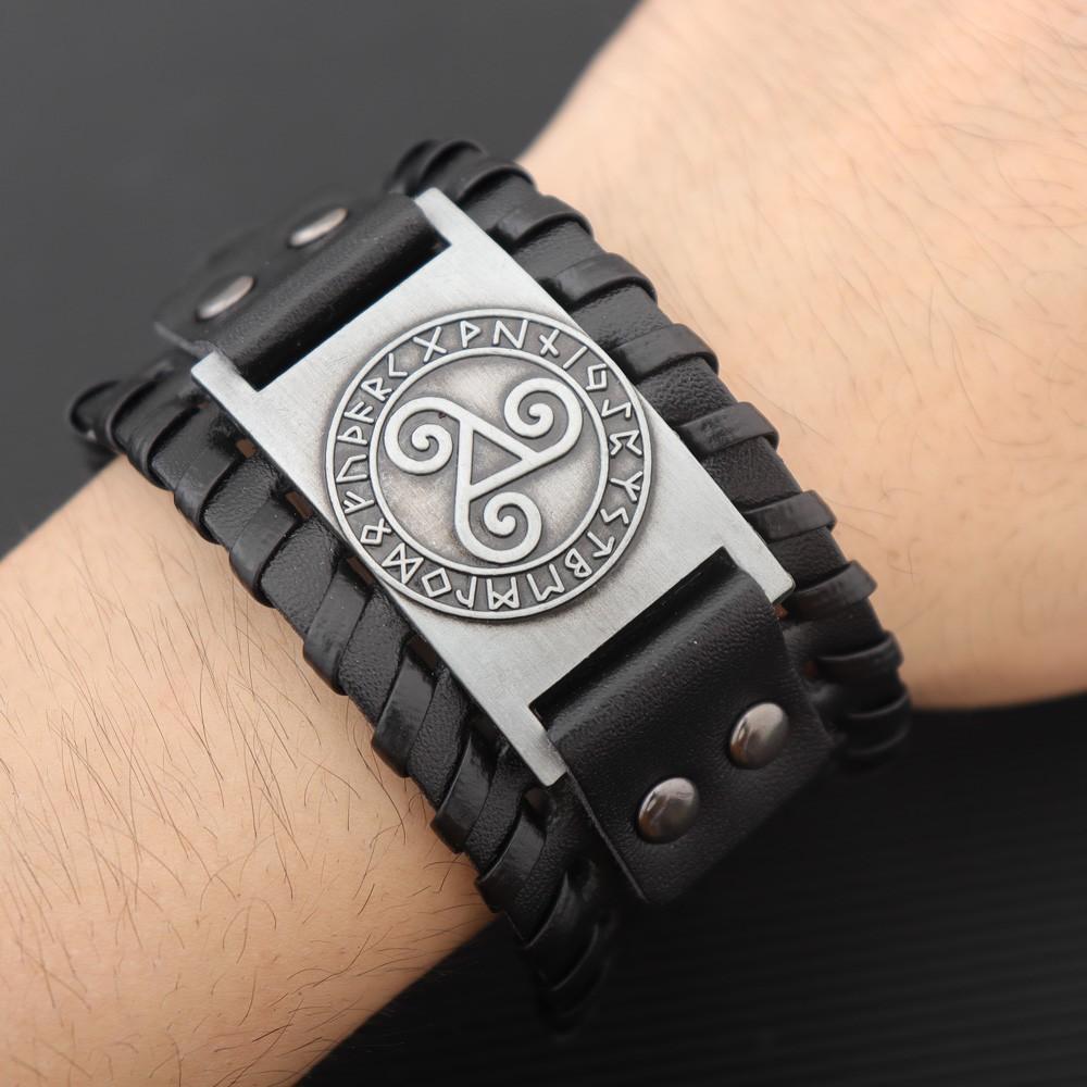 New Retro Wide Leather Nordic Rune of Odi Bracelet for Men Celtic Viking Solomon Pattern Party Gifts Accessories