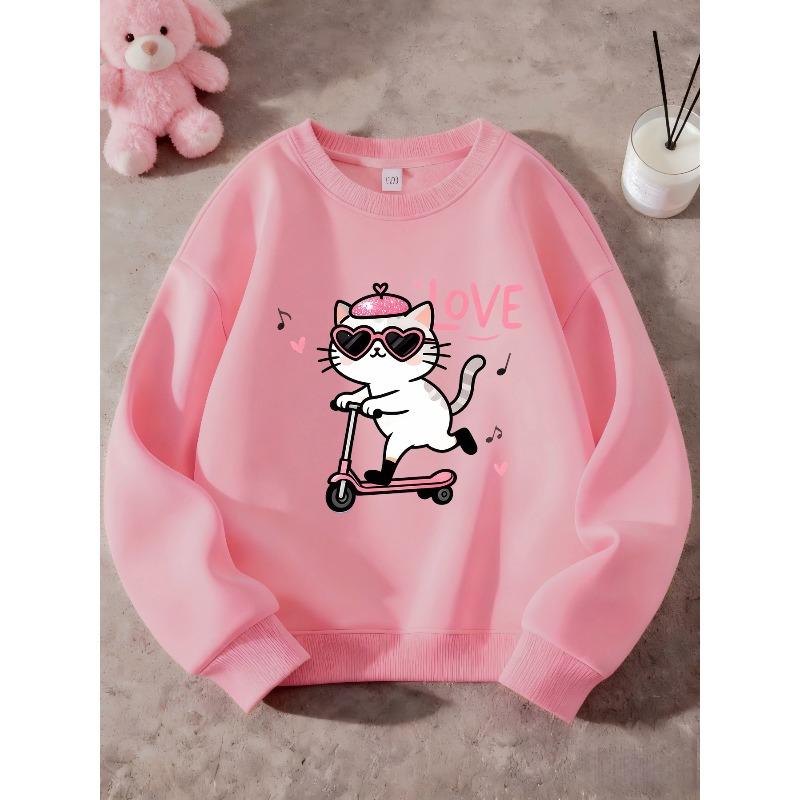 Kids Unisex Crewneck Sweatshirt, Love Music Heart Sunglasses Cat Riding Scooter Cartoon Print Pullover, Sweatshirt for Boys Girls Over 4 Years Old