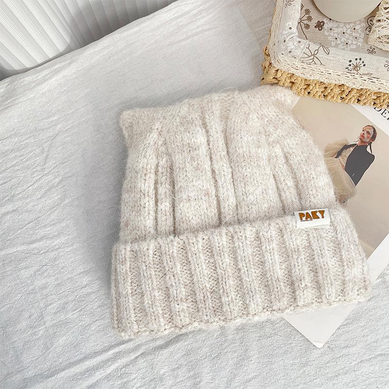 Korean Style Autumn and Winter Knitted Hat for Women Fashionable Letter Mark Cute Cat Ears Woolen Hat Warm and Face Friendly Small Pullover Hat