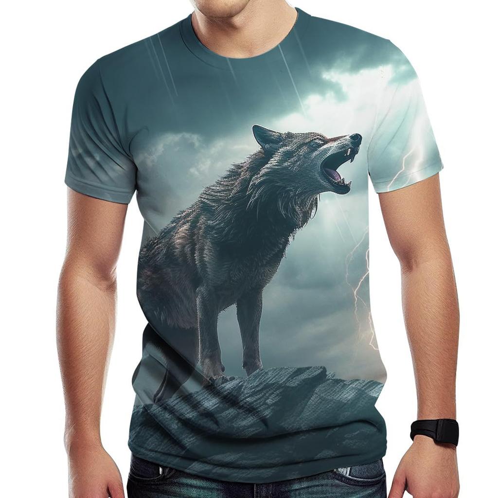 Summer Round Neck 3D Wolf Pattern Print Top Fashionable Casual Short Sleeved Men's T-shirts