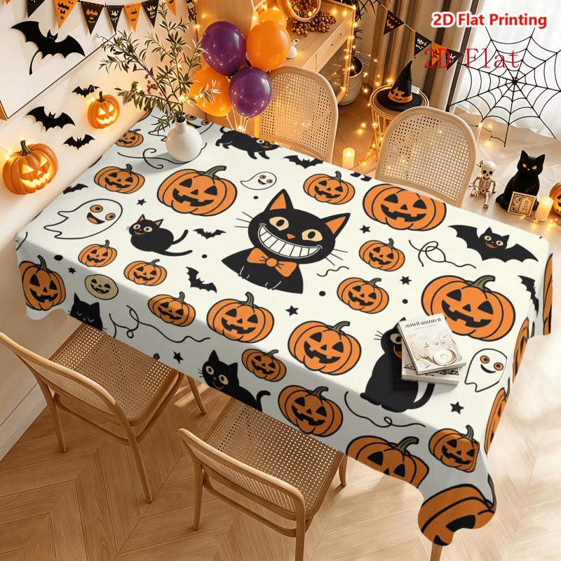2D Flat 1pc Tablecloth, Halloween-themed Tablecloth Pattern Featuring Pumpkin Lanterns, Black Cats, Ghosts, Bats, and Other Elements, Suitable for Kit