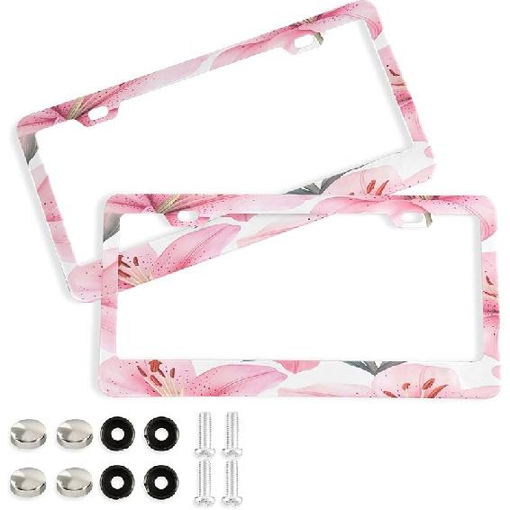 

Рамка номерного знака «Розовые лилии», 2 шт., нержавеющая алюминиевая декоративная рамка для автомобильного жетона с 2 отверстиями и винтами, подходит для стандартных размеров транспортных средств, круглое отверстие Round Hole