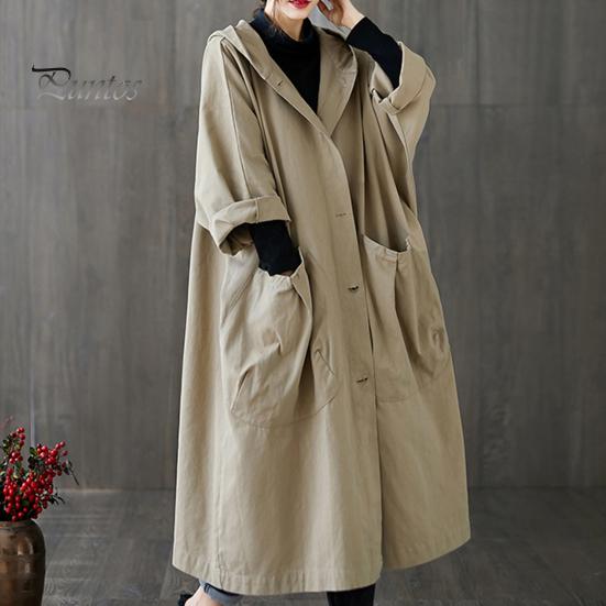 Women Outwear Spring Autumn Trench Coat Solid Color Loose Hooded Ladies Overcoat Streetwear Literary Style Single Breasted Windbreaker for Working