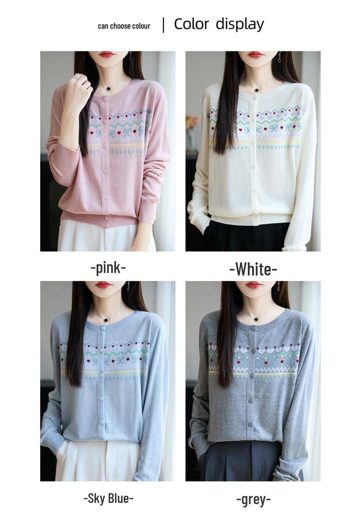 Women's Autumn 2025 Jacquard Round Neck Long Sleeve Knit Cardigan Jacket