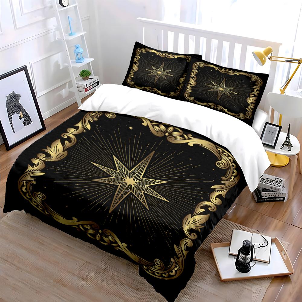 Golden Starburst Pattern Bedding Set Bedding Set (1 Duvet Cover, 2 Pillowcases, Duvet Not Included)