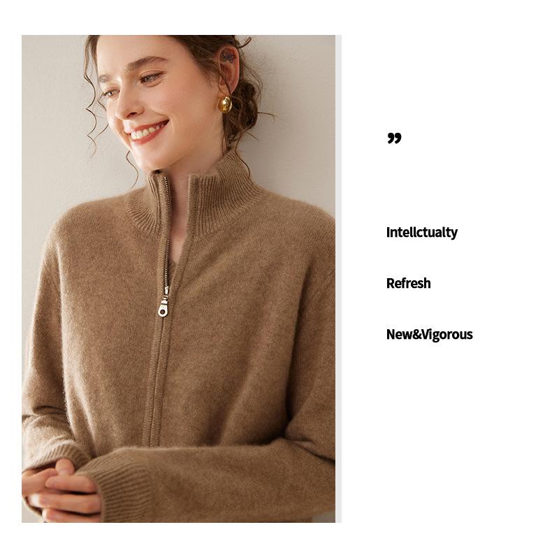 Women's Stand Collar Double Zipper Goat Cashmere Cardigan - Autumn/Winter Solid Color Knit