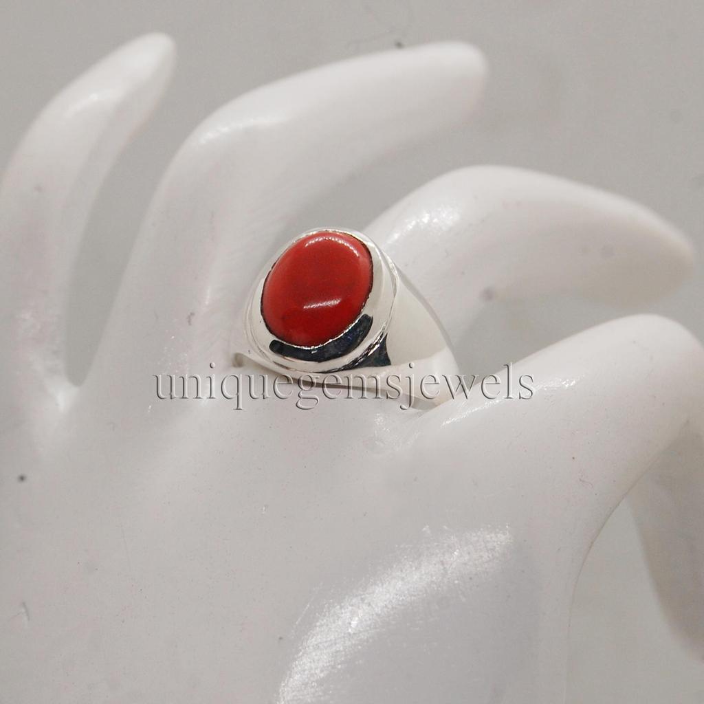 Oval Cab Red Coral Gemstone 925 Sterling Silver Ring, Geniune Zodic Style Red Coral Ring