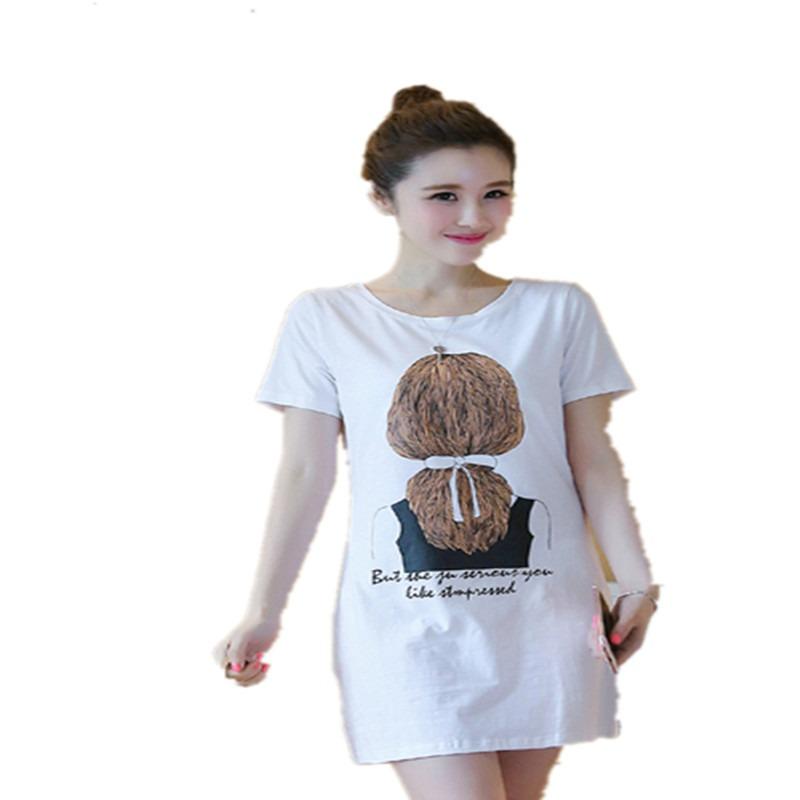 New Summer Women's Korean Dress Printed Women's Mid-length Short-sleeved T-shirt Female Student Top Base