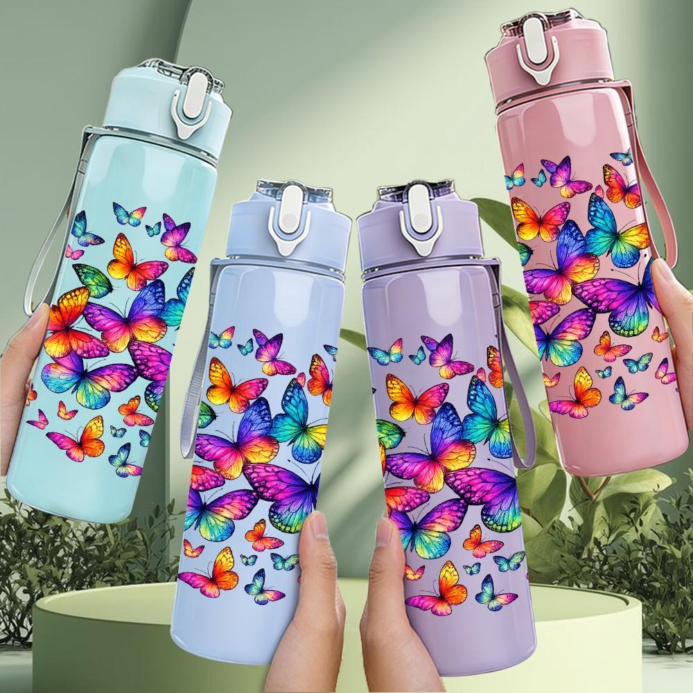 1PC Rainbow Butterfly Splash Abstract Print 750ml Color Plastic Sports Water Bottle Leakproof Flip Straw Lid Suitable for Sports Office Home Use