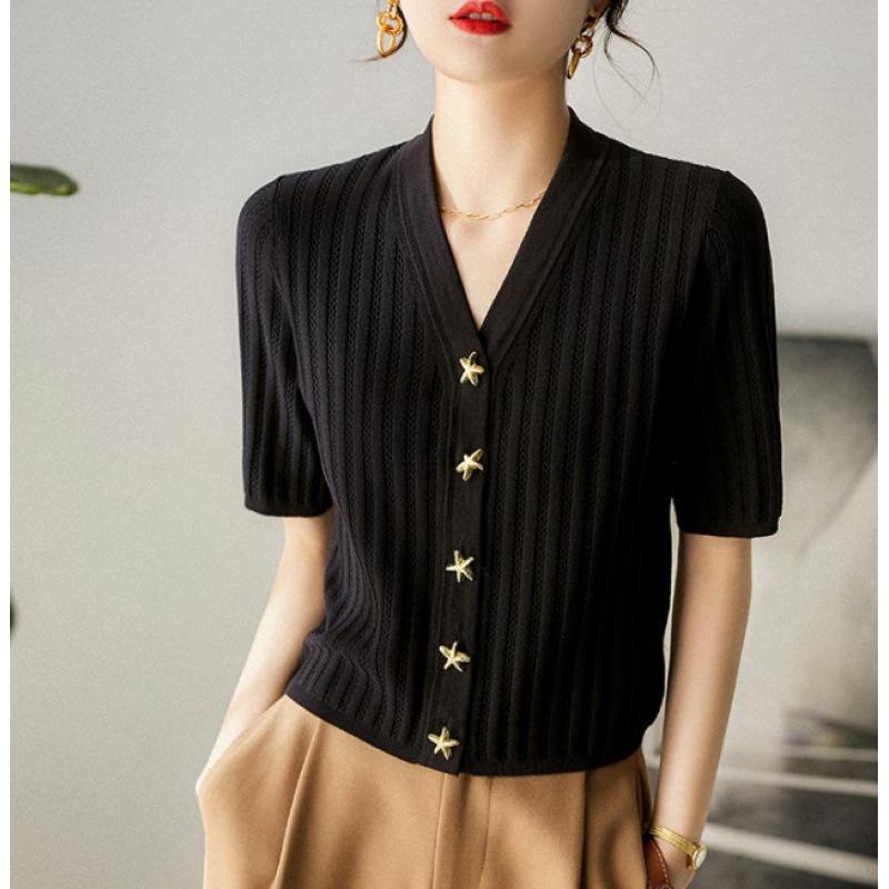 

Весна-лето Пуговица Вертикальная Полосатый Свитер Ice Silk Тонкий V-образный вырез Короткие рукава Трикотажный Кардиган для Женщин one size чёрный