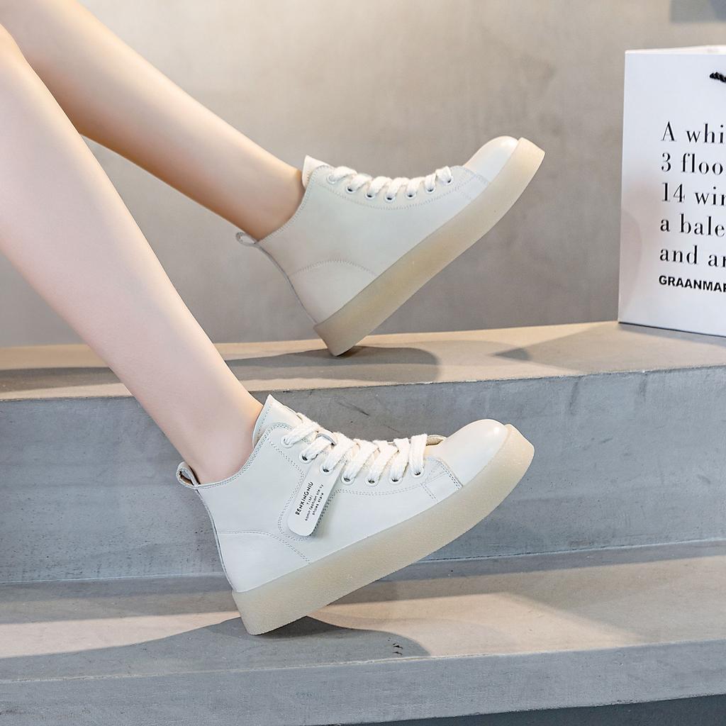 GKTINOO Women Genuine Leather Sneakers Spring Lace-up Casual White Shoes Autumn Ankle Boots Ladies High Top Vulcanized Shoes