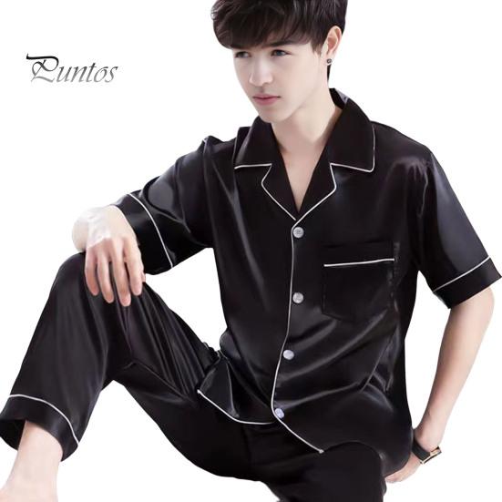 

Комплект из 2 предметов: мужская пижама, лацкан, короткий рукав, пуговицы, планка, рубашка, эластичный пояс, широкие длинные брюки, свободный крой, одежда для сна 2XL чёрный