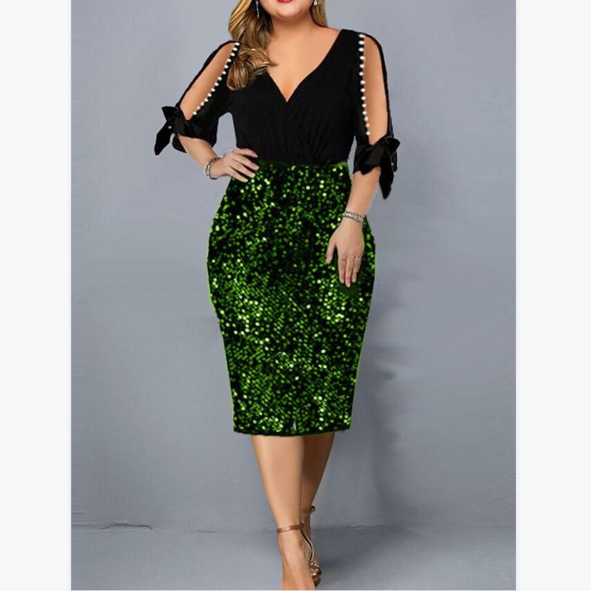 European & American V-Neck Sequin Plus Size Dress: Stylish & Unique Design