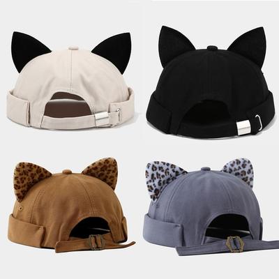 Retro styl Kočičí uši s leopardím vzorem Bezokrajová čepice Nastavitelná Srolovaný lem Melon Docker Cap Jednobarevná Čepice Beanie Unisex