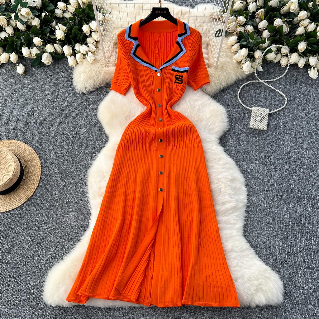 Summer Women Elegant V-neck Designer Embroidery Letter Knitted Sweater Single Breasted Long Midi Dresses