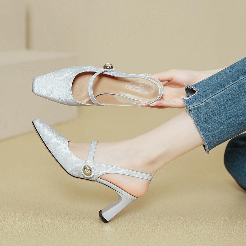 Baotou sandals women's summer high heels 2025 new French Mary Jane single shoes silver word with thick heels high heels