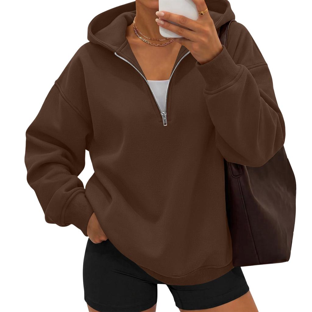 Women's casual fashionable long-sleeved hooded pullover with half-zip on the chest