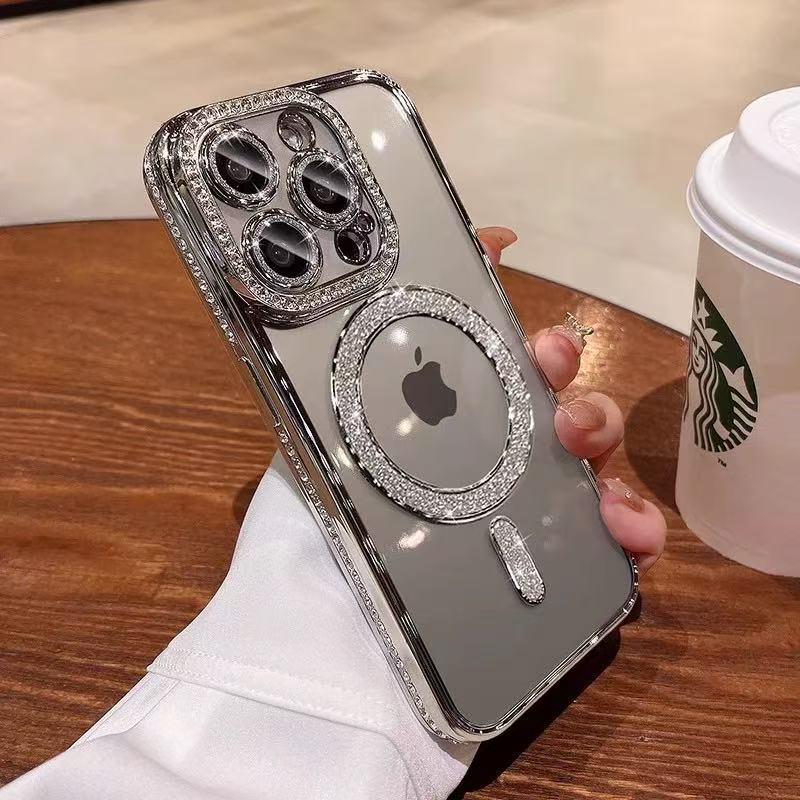 Custodia per Telefono Magnetica con Diamanti Scintillanti per iPhone 15 Pro Max Ricarica Wireless