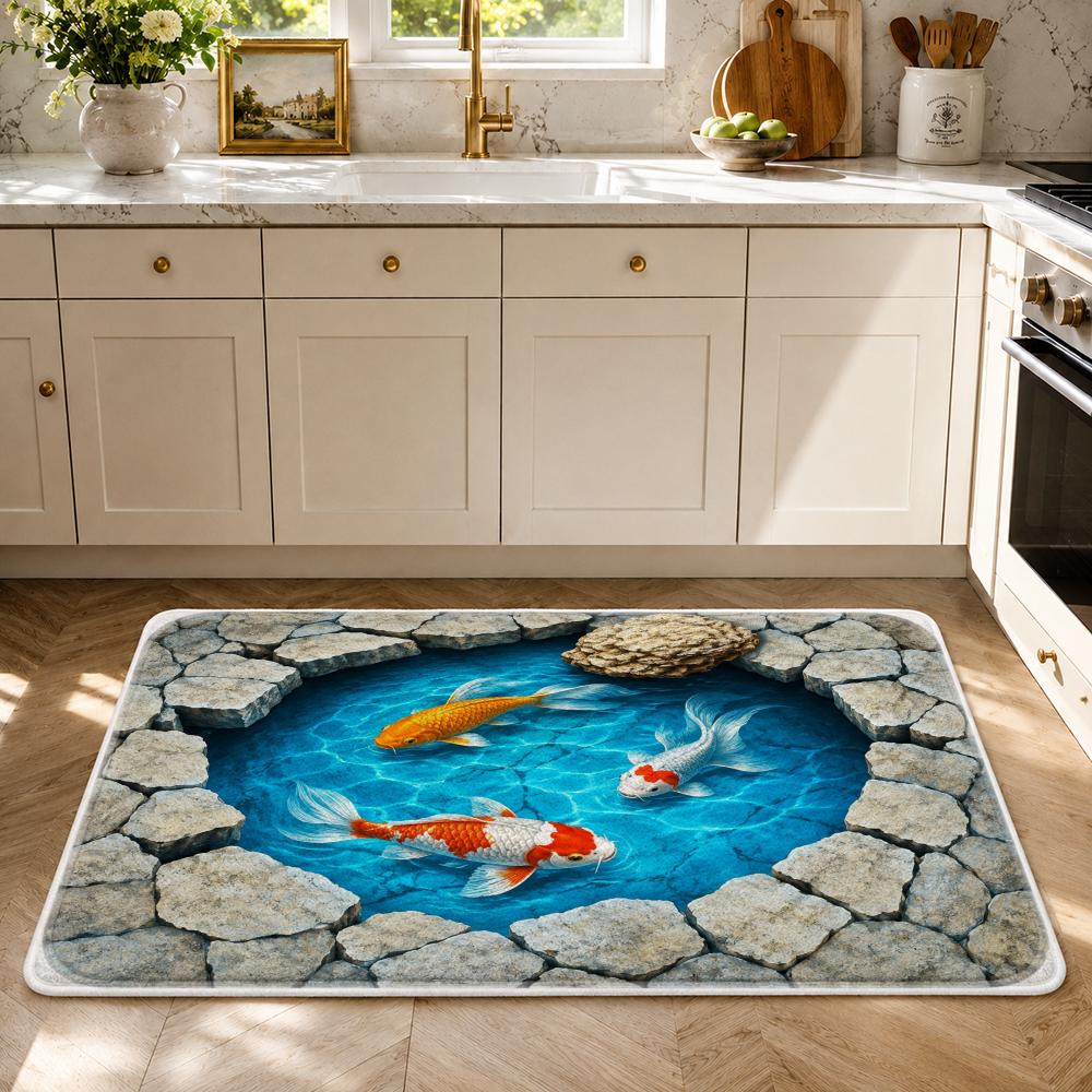 Mystic Koi Pond Floor Mat Flannel Rug Non Slip Absorbent Soft Washable for Entryway Hallway Bathroom Kitchen Decor