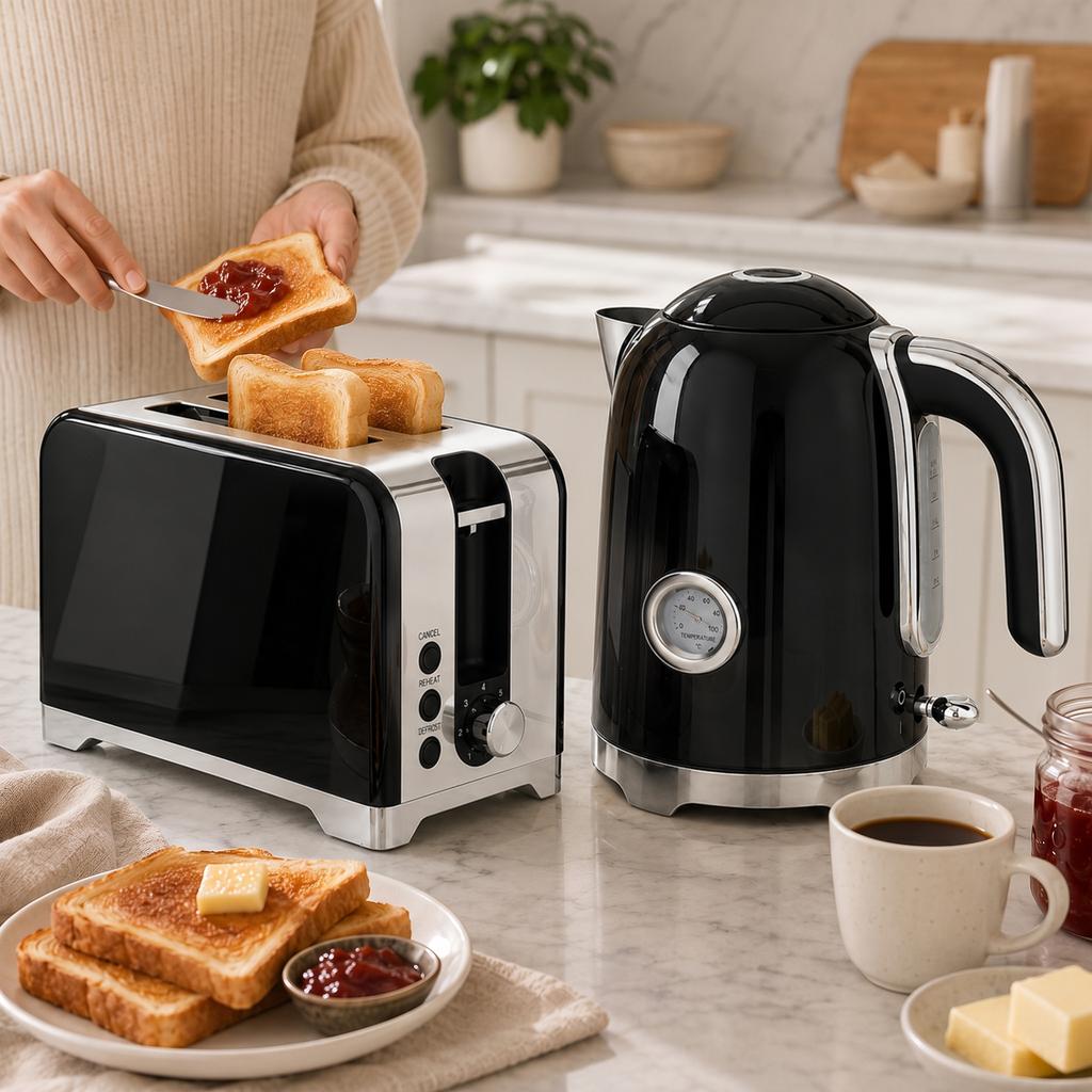 Kettle and Toaster Set with Thermometer, 1.7 L, 2200 W Kettle, 2-Slice Toaster with 7 Browning Levels