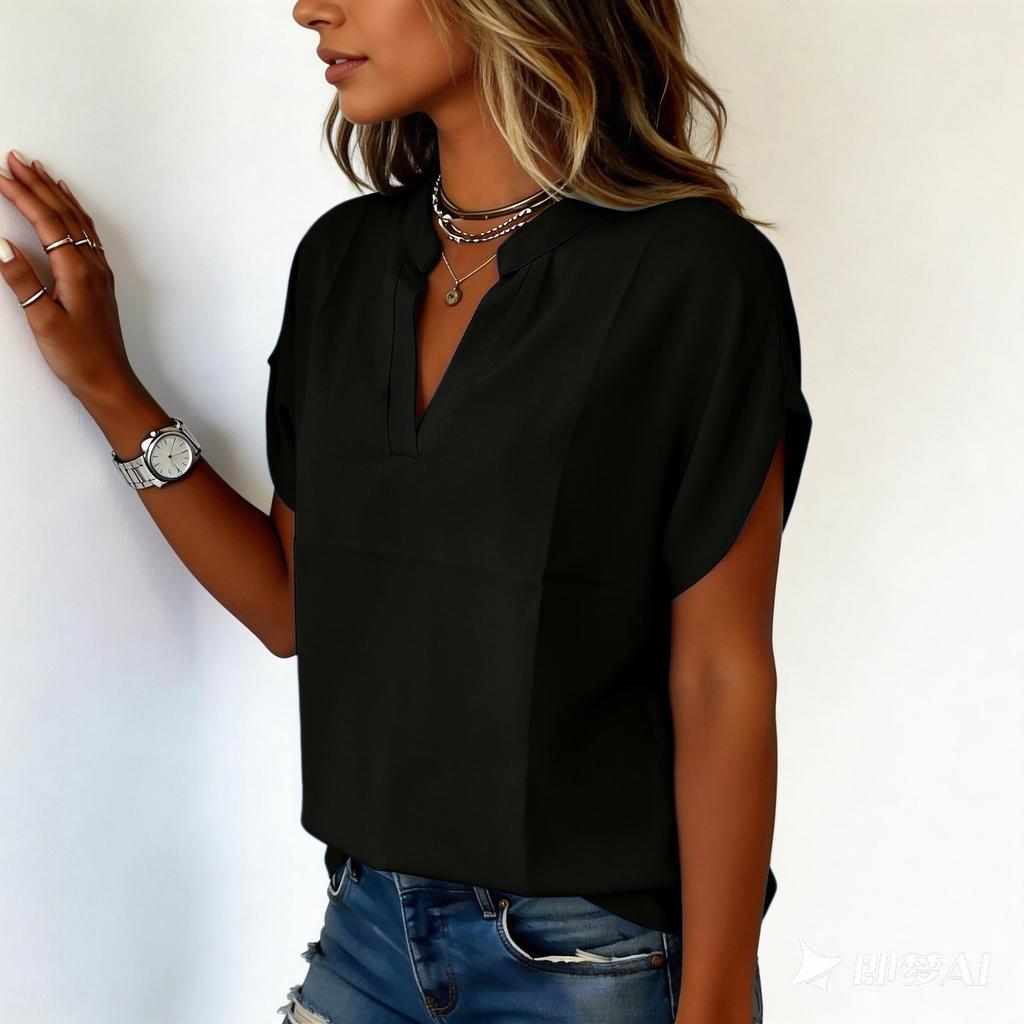 Tops de Primavera para Mujer Cuello en V Camisas de Verano para Mujer Casual Corte Holgado Camisas de Verano para Mujer Manga Corta Blusa Tops Elegantes para Mujer