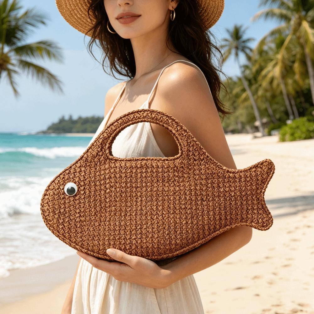 Large Capacity Woven Bag Knit Shopping Bag Casual Fish Shaped Handbag  Picnic