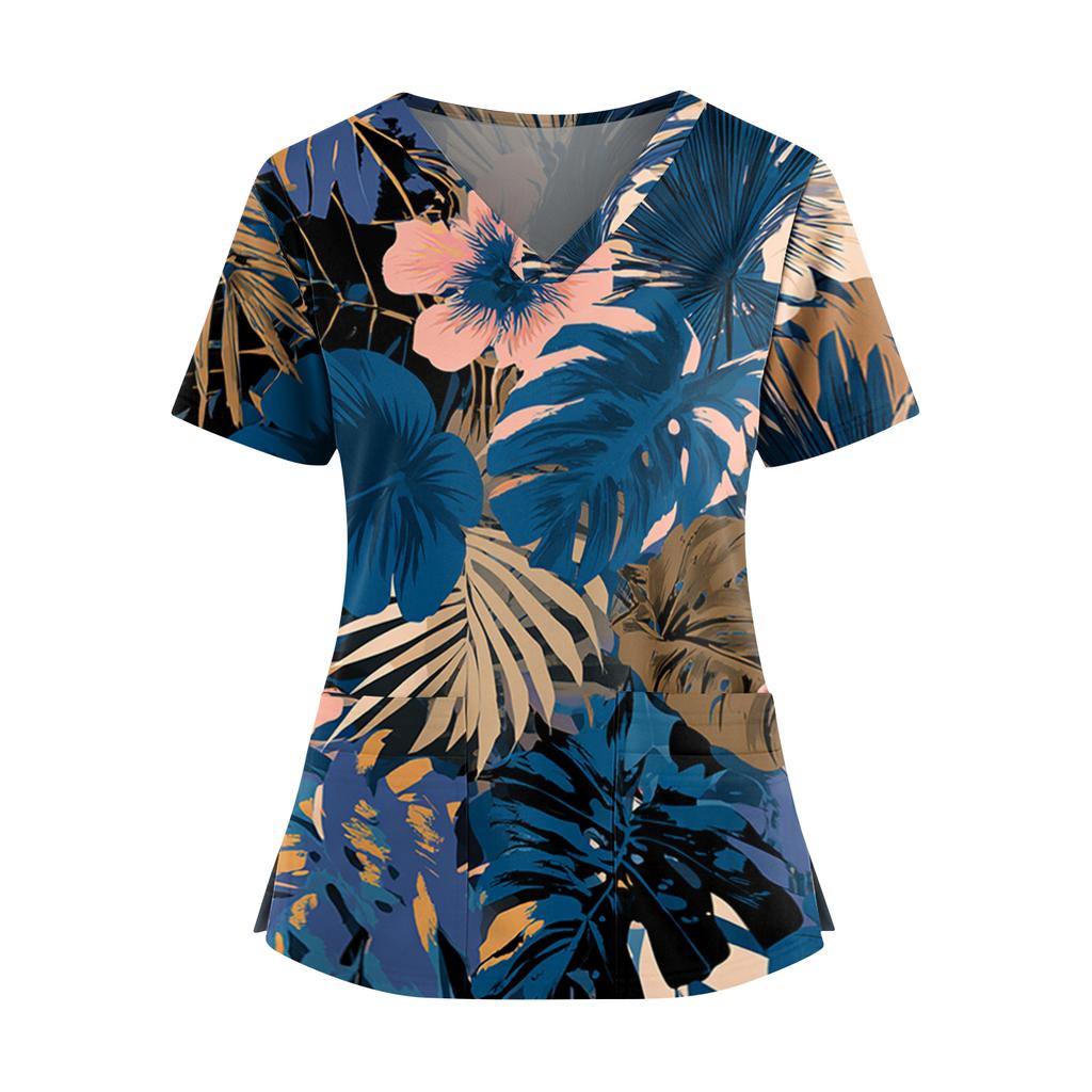 Women's Hawaiian Print V-Neck Double Pocket Short Sleeve Uniform/ Top