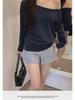 Dark Blue Off-the-Shoulder Long-Sleeve Women's Slimming Autumn Top
