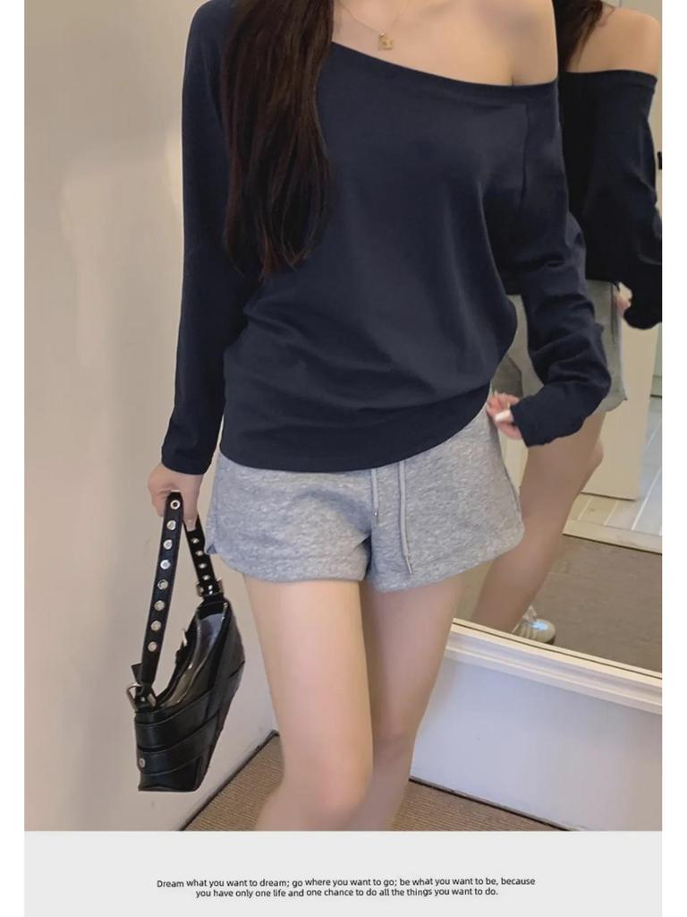 Dark Blue Off-the-Shoulder Long-Sleeve Women's Slimming Autumn Top
