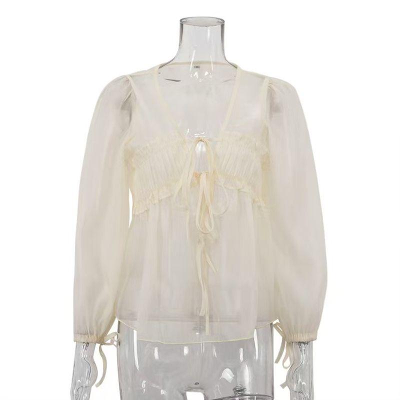

Fashion Wind Fashion Elegant Sexy See-through Loose Long Sleeve Shirt Top Sexy Special Shirt Beige L