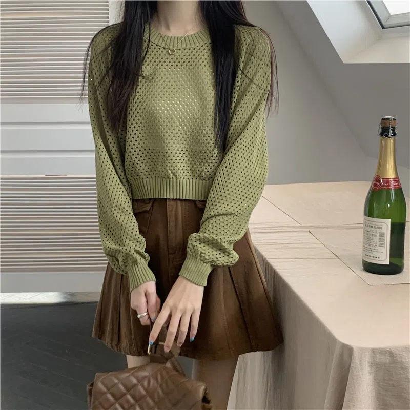 Long Sleeve Thin Hollow Out Sun Protection Cardigan Knitwear Women's Summer Designed Niche Loose Air-Conditioning Shirt Short Top