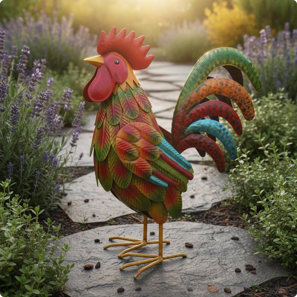 Metal Cockerel Statue Outdoor Iron Sculpture Countryside Design Chicken White