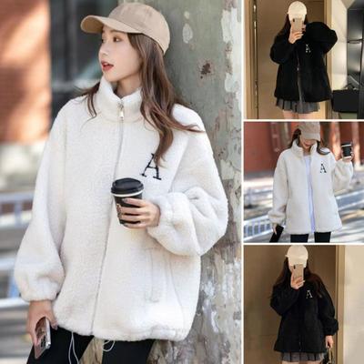 Women Winter Coat Zip-up Stand Collar Letter Embroidery with Pockets Thick Plush