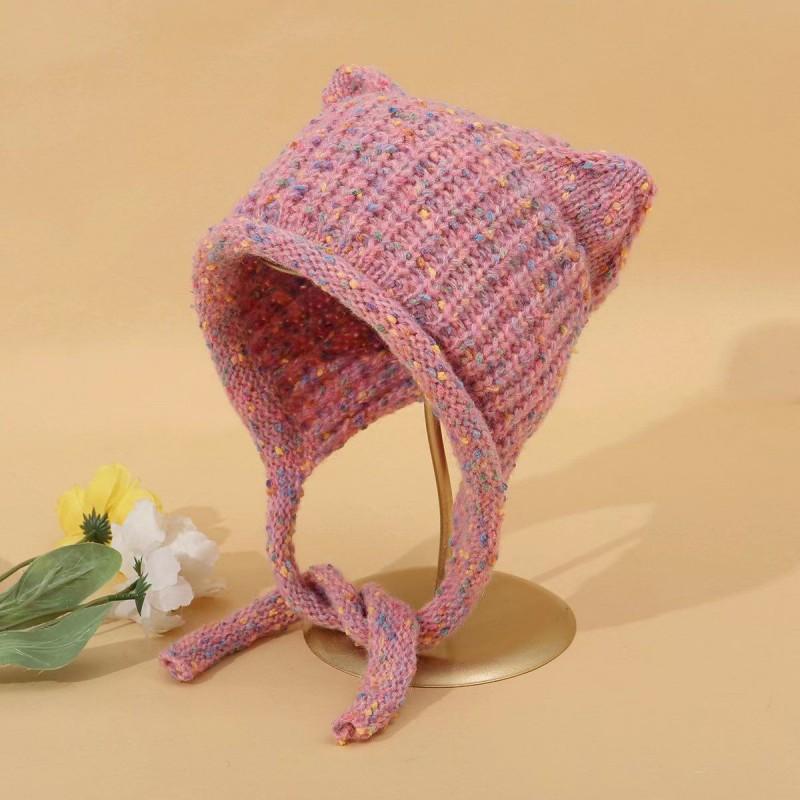 Roztomilá pletená čepice do uší pro kočky Y2K Fashion Háčkovaný chránič uší Vlněná čepice Dámská Zimní zateplená pulovrová čepice Girl Wrap Head Bonnet Beanies