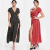 Women Short Sleeve V Neck Swing Dress With Elegant Polka Dot Print And Slit Detail