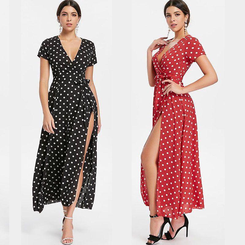 Women Short Sleeve V Neck Swing Dress With Elegant Polka Dot Print And Slit Detail