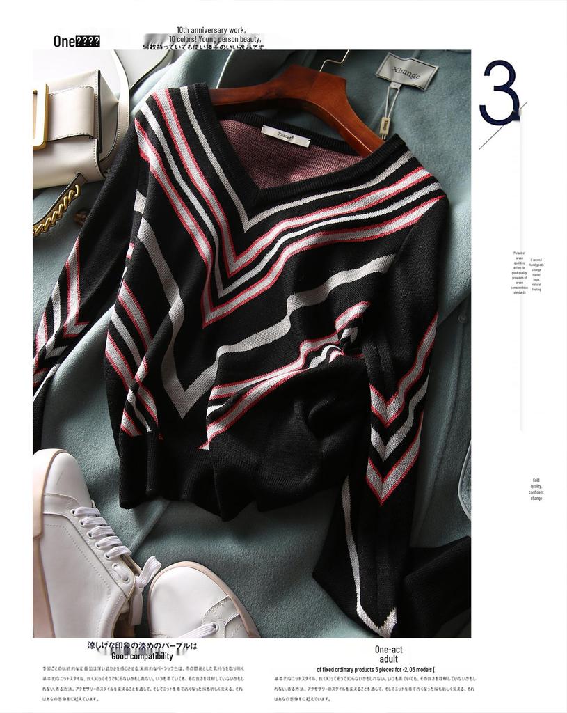 Women's Slimming V-Neck Striped Long-Sleeve Sweater – Versatile Autumn/Winter Fashion.